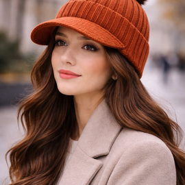 Gorro Visera con Textura Acanalada y Pompón