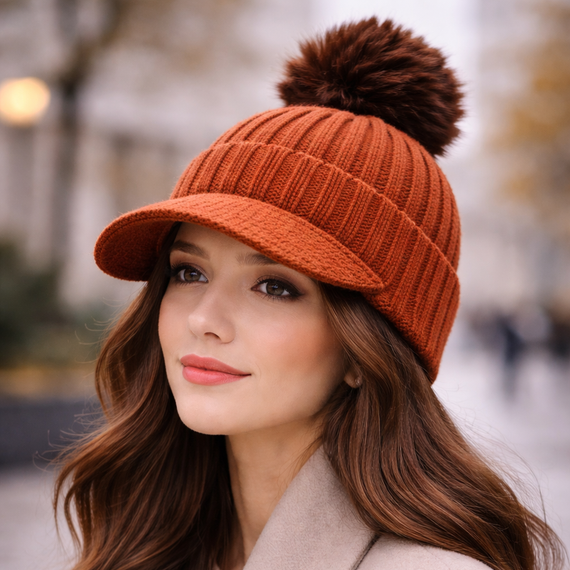Gorro Visera con Textura Acanalada y Pompón