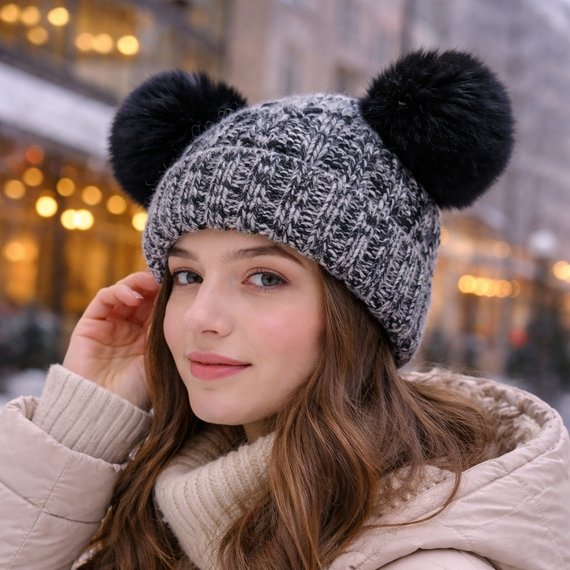 Gorro con Dos Pompones Jaspeado