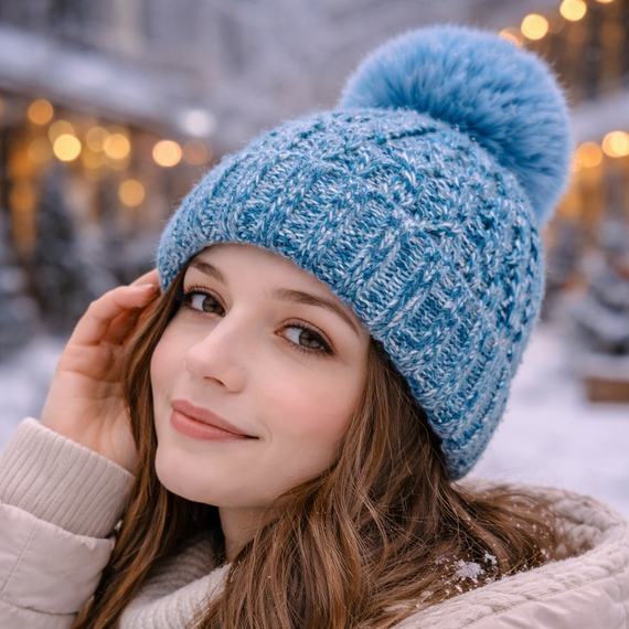Gorro con pompon de piel jaspeado