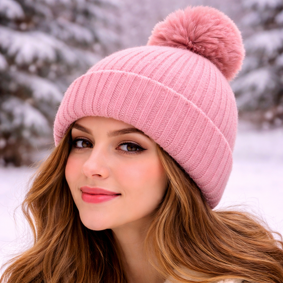Gorro con pompon de piel liso
