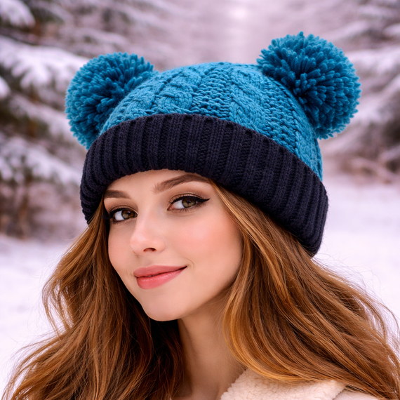 Gorro de Lana Bicolor con Pompones