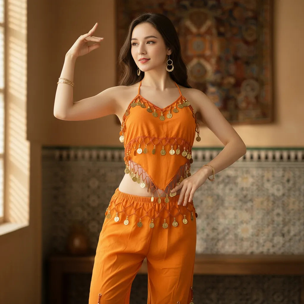 Traje De Danza Arabe- Con Monedas- Peto Y Pantalon